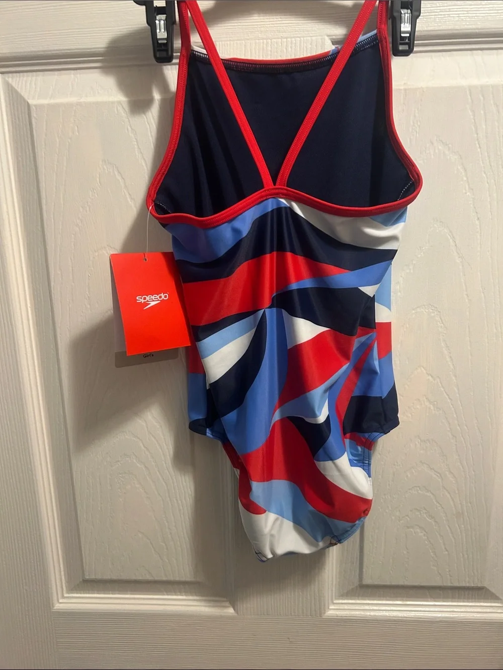 Speedo Girls Red, Light Blue, Navy & White Geometric One-Piece Swim Suit